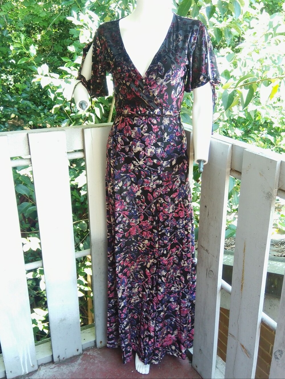 Floral Velvet Burnout Faux Wrap Surplice Long Maxi Dress Dark Romance Sz Medium